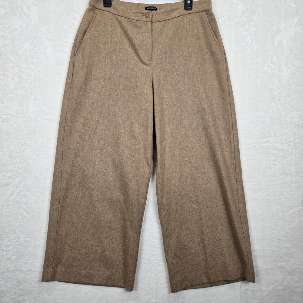 Eileen Fisher Tan 100% Wool Wide Leg Crop Ankle Pants Womens size Medium